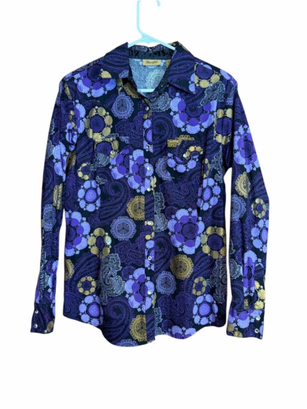 Wrangler purple gold paisley floral rhinestone snap front western shirt women M